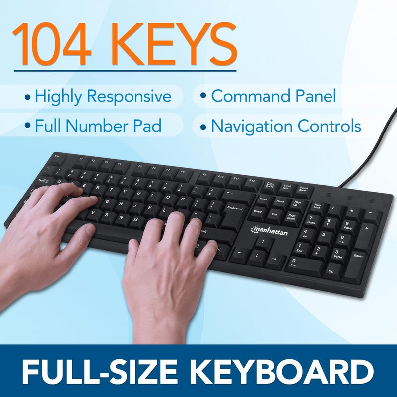 Manhattan Wired Computer Keyboard â€“ Basic Black Keyboard - with 4.5ft USB-A Cable, 104-keys, Foldable Stands - Compatible for Windows, PC, Laptop - 3 Yr Mfg Warranty â€“ 179324 - Image 2